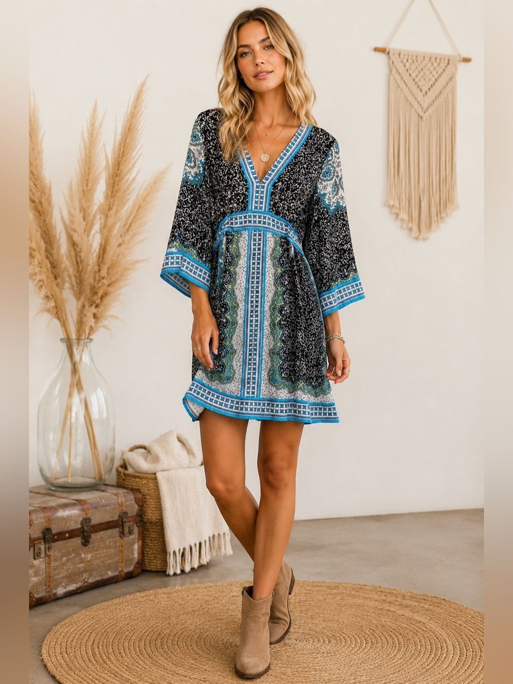 Ice Boho Print Mini Dress | Bell Sleeves | V-Neck | Blue & Black